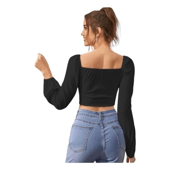 Bishop Sleeve Corset Top Black Knit Square Neck Front Cropped Long Sleeve S - Picture 3 of 7